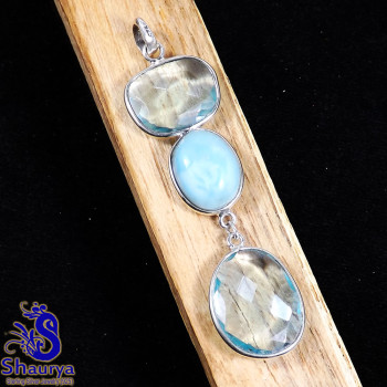 Blue Hydro Glass & Larimar A - BPS969-Exclusive New Collection Bezal Three Stone Pendants of Mu Blue Hydro Glass & Larimar A - BPS969-Exclusive New Collection Bezal Three Stone Pendants of Mu