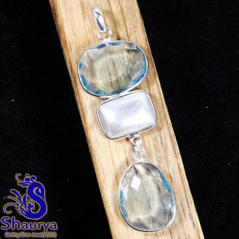 Blue Hydro Glass & Pearl D - BPS969-Exclusive New Collection Bezal Three Stone Pendants of Mu Blue Hydro Glass & Pearl D - BPS969-Exclusive New Collection Bezal Three Stone Pendants of Mu