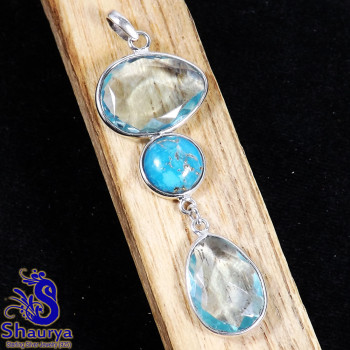 Blue Hydro Glass & Copper Blue Turquoise O - BPS969-Exclusive New Collection Bezal Three Stone Pendants of Mu Blue Hydro Glass & Copper Blue Turquoise O - BPS969-Exclusive New Collection Bezal Three Stone Pendants of Mu