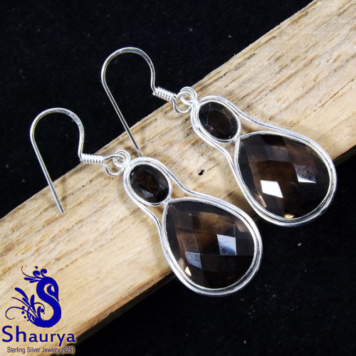 Smokey Cut B - BZE847-925 STERLING SILVER HANDMADE MULTI GEMSTONES EARRINGS