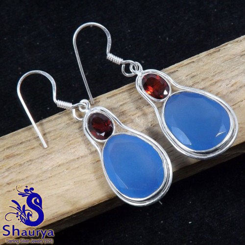 Chalcedony Cut C - BZE847-925 STERLING SILVER HANDMADE MULTI GEMSTONES EARRINGS