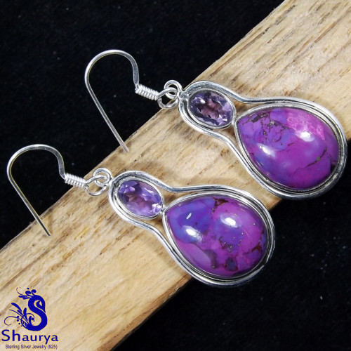 Purple Turquoise E - BZE847-925 STERLING SILVER HANDMADE MULTI GEMSTONES EARRINGS