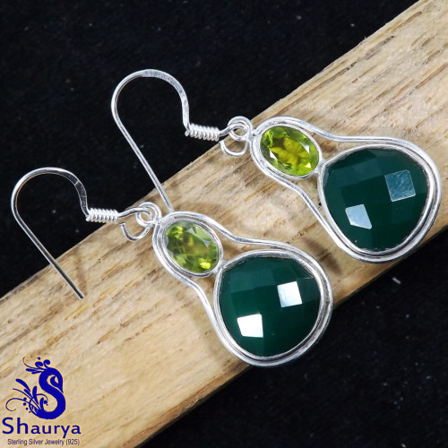 Green Amethyst Cut O - BZE847-925 STERLING SILVER HANDMADE MULTI GEMSTONES EARRINGS