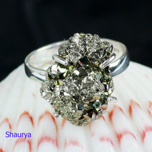 Pyrite Druzy A - DSP996-NATURAL PYRITE DRUZY GEMSTONE PRONG SET RINGS WITH 925 ST