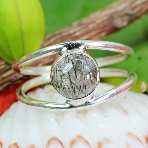 Black Rutile Quartz C - RSS937- LOVELY DESIGNER SINGLE GEMSTONE RINGS MADE IN 925 STERLI