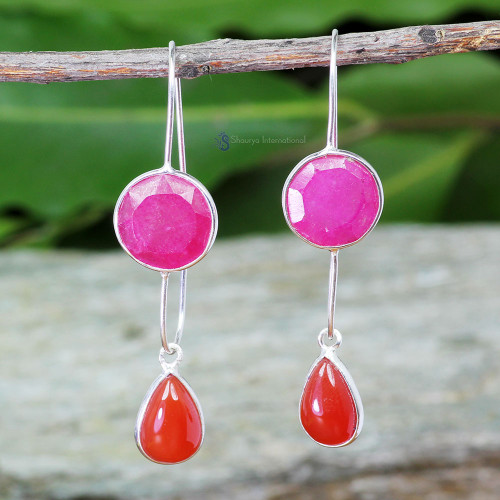 RED ONYX & PINK RUBY CORUNDUM O - BZE846- BEAUTIFUL DESIGNER TWO GEMSTONE EARRINGS WITH 925 STERLI RED ONYX & PINK RUBY CORUNDUM O - BZE846- BEAUTIFUL DESIGNER TWO GEMSTONE EARRINGS WITH 925 STERLI