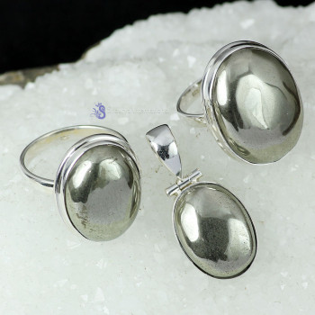 PYRITE CAB F - DOM983- NEW PYRITE CAB GEMSTONE TWO RINGS ONE PENDANT SET WITH 9