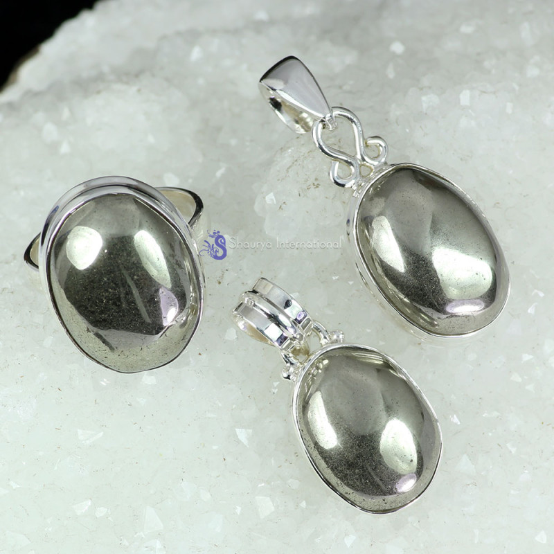 PYRITE CAB A - DOM982- EXCLUSIVE PYRITE CAB GEMSTONE TWO PENDANTS ONE RING SET PYRITE CAB A - DOM982- EXCLUSIVE PYRITE CAB GEMSTONE TWO PENDANTS ONE RING SET