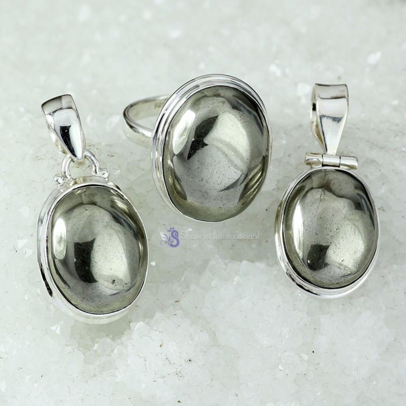 PYRITE CAB B - DOM982- EXCLUSIVE PYRITE CAB GEMSTONE TWO PENDANTS ONE RING SET PYRITE CAB B - DOM982- EXCLUSIVE PYRITE CAB GEMSTONE TWO PENDANTS ONE RING SET