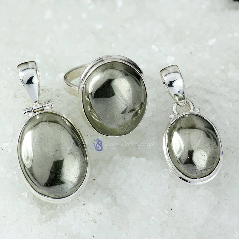 PYRITE CAB D - DOM982- EXCLUSIVE PYRITE CAB GEMSTONE TWO PENDANTS ONE RING SET PYRITE CAB D - DOM982- EXCLUSIVE PYRITE CAB GEMSTONE TWO PENDANTS ONE RING SET