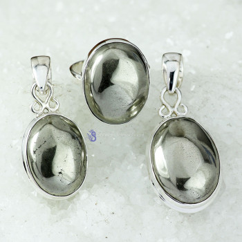 PYRITE CAB F - DOM982- EXCLUSIVE PYRITE CAB GEMSTONE TWO PENDANTS ONE RING SET 