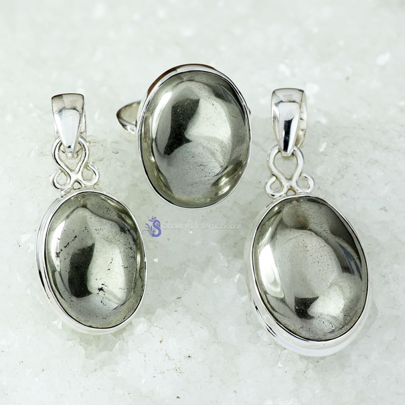 PYRITE CAB F - DOM982- EXCLUSIVE PYRITE CAB GEMSTONE TWO PENDANTS ONE RING SET PYRITE CAB F - DOM982- EXCLUSIVE PYRITE CAB GEMSTONE TWO PENDANTS ONE RING SET