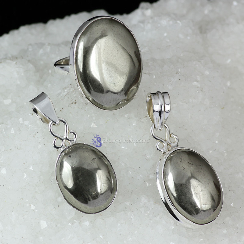 PYRITE CAB G - DOM982- EXCLUSIVE PYRITE CAB GEMSTONE TWO PENDANTS ONE RING SET PYRITE CAB G - DOM982- EXCLUSIVE PYRITE CAB GEMSTONE TWO PENDANTS ONE RING SET