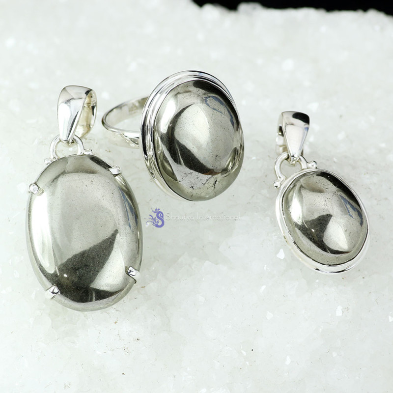 PYRITE CAB O - DOM982- EXCLUSIVE PYRITE CAB GEMSTONE TWO PENDANTS ONE RING SET PYRITE CAB O - DOM982- EXCLUSIVE PYRITE CAB GEMSTONE TWO PENDANTS ONE RING SET