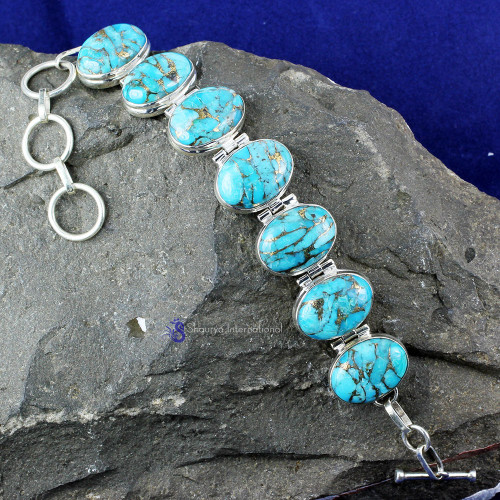 BLUE COPPER TURQUOISE E - SPB907- NATURAL CUT & CAB GEMSTONE BEAUTIFUL DESIGNER BRACELETS