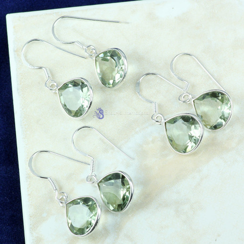 GREEN AMETHYST CUT A - SBP896- CRYSTAL QUARTZ & GREEN AMETHYST CUT GEMSTONE 3 PAIR EARR