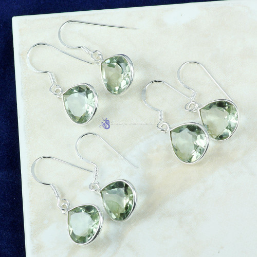 GREEN AMETHYST CUT C - SBP896- CRYSTAL QUARTZ & GREEN AMETHYST CUT GEMSTONE 3 PAIR EARR