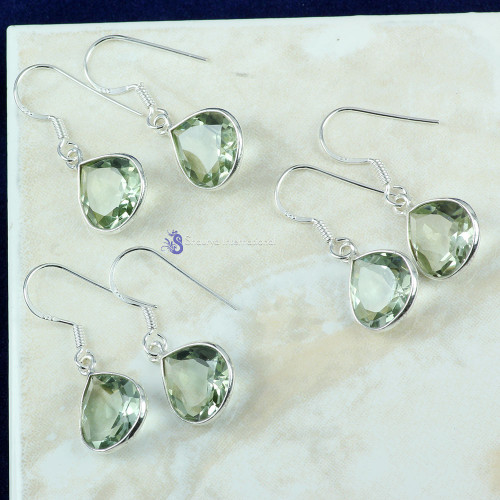 GREEN AMETHYST CUT E - SBP896- CRYSTAL QUARTZ & GREEN AMETHYST CUT GEMSTONE 3 PAIR EARR