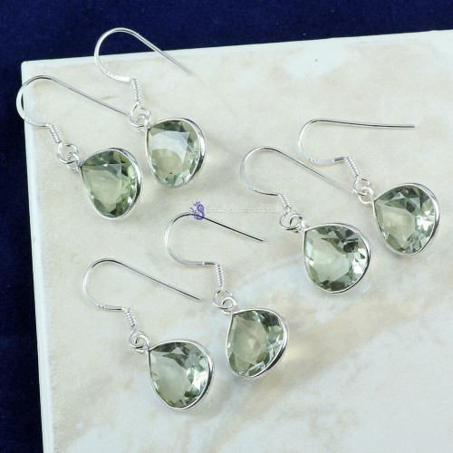 GREEN AMETHYST CUT G - SBP896- CRYSTAL QUARTZ & GREEN AMETHYST CUT GEMSTONE 3 PAIR EARR