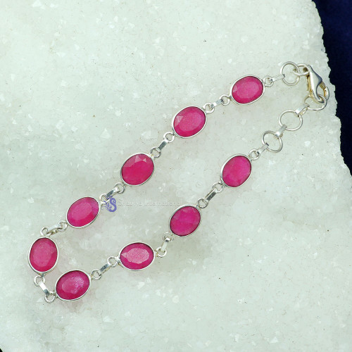 PINK RUBY CORUNDUM B - SBB906- 925 STERLING SILVER NATURAL GEMSTONE TRENDY BRACELET MAD