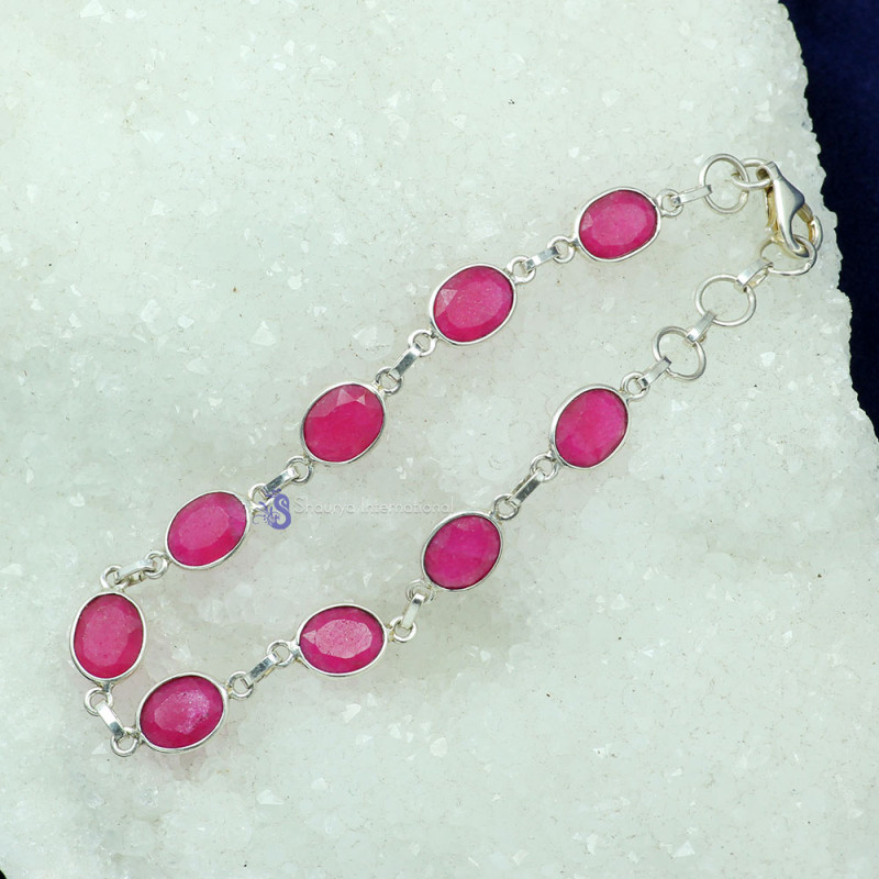 PINK RUBY CORUNDUM B - SBB906- 925 STERLING SILVER NATURAL GEMSTONE TRENDY BRACELET MAD PINK RUBY CORUNDUM B - SBB906- 925 STERLING SILVER NATURAL GEMSTONE TRENDY BRACELET MAD