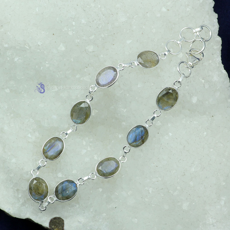 LABRADORITE CUT D - SBB906- 925 STERLING SILVER NATURAL GEMSTONE TRENDY BRACELET MAD