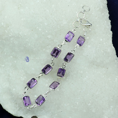 AMETHYST CUT G - SBB906- 925 STERLING SILVER NATURAL GEMSTONE TRENDY BRACELET MAD
