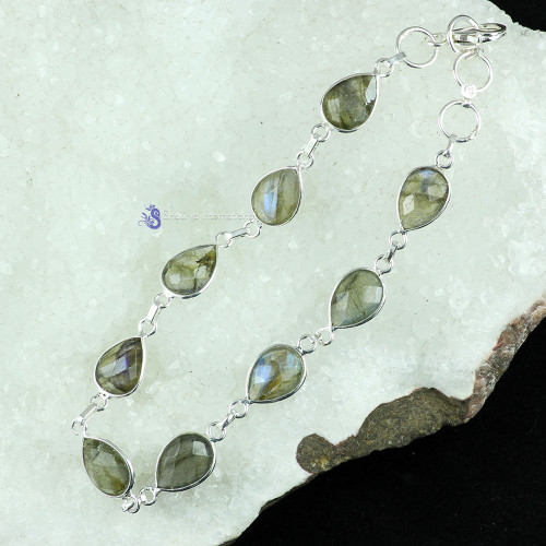 LABRADORITE CUT I - SBB906- 925 STERLING SILVER NATURAL GEMSTONE TRENDY BRACELET MAD