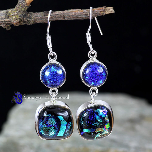 DICHROIC GLASS C - SPE910- FANTASTIC EARRINGS WITH NATURAL TWO GEMSTONE MADE IN 925