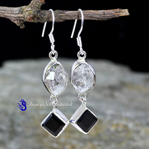 HERKIMER DIAMOND & BLACK ONYX D - SPE910- FANTASTIC EARRINGS WITH NATURAL TWO GEMSTONE MADE IN 925