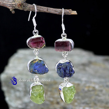 AZURITE DRUZY & OTHER ROUGH STONE B - SPE909- BEAUTIFUL NATURAL THREE GEMSTONE LOVELY EARRINGS MADE IN AZURITE DRUZY & OTHER ROUGH STONE B - SPE909- BEAUTIFUL NATURAL THREE GEMSTONE LOVELY EARRINGS MADE IN