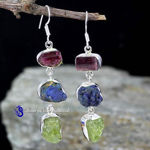 AZURITE DRUZY & OTHER ROUGH STONE B - SPE909- BEAUTIFUL NATURAL THREE GEMSTONE LOVELY EARRINGS MADE IN