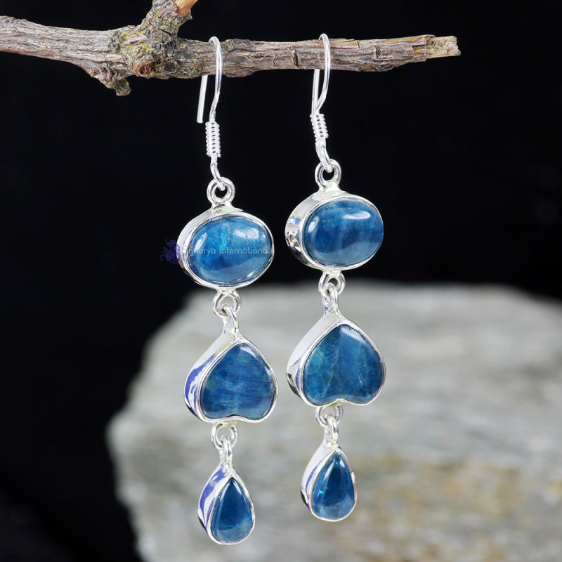 NEON BLUE APATITE E - SPE909- BEAUTIFUL NATURAL THREE GEMSTONE LOVELY EARRINGS MADE IN NEON BLUE APATITE E - SPE909- BEAUTIFUL NATURAL THREE GEMSTONE LOVELY EARRINGS MADE IN