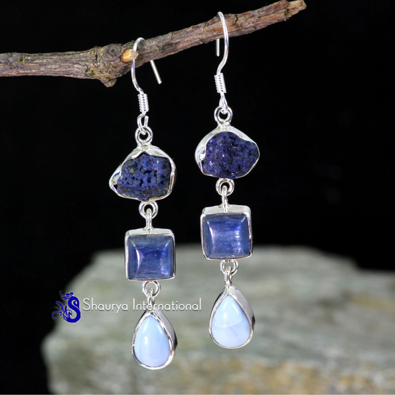 KYNITE & AZURITE DRUZY, BLUE OPAL F - SPE909- BEAUTIFUL NATURAL THREE GEMSTONE LOVELY EARRINGS MADE IN KYNITE & AZURITE DRUZY, BLUE OPAL F - SPE909- BEAUTIFUL NATURAL THREE GEMSTONE LOVELY EARRINGS MADE IN