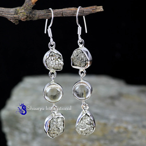 PYRITE DRUZY & GOLDEN RUTAIL I - SPE909- BEAUTIFUL NATURAL THREE GEMSTONE LOVELY EARRINGS MADE IN