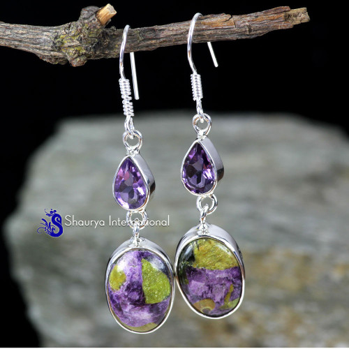 MOHAVE STICHTITE & AMETHIST CUT E - SPE908- TWO GEMSTONE EXCLUSIVE DESIGNER EARRINGS WITH 925 STERLI
