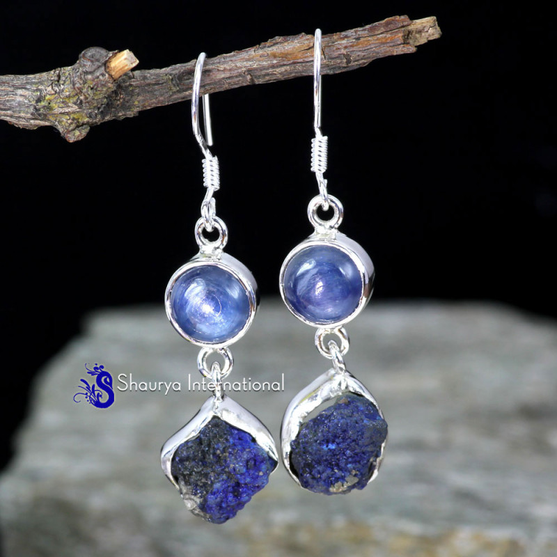 KYNITE & AZURITE DRUZY H - SPE908- TWO GEMSTONE EXCLUSIVE DESIGNER EARRINGS WITH 925 STERLI KYNITE & AZURITE DRUZY H - SPE908- TWO GEMSTONE EXCLUSIVE DESIGNER EARRINGS WITH 925 STERLI