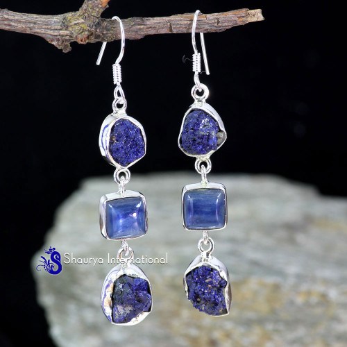 KYNITE & AZURITE DRUZY H - SPE907- FABULOUS DESIGNER THREE STONE PRETTY EARRINGS MADE IN 92