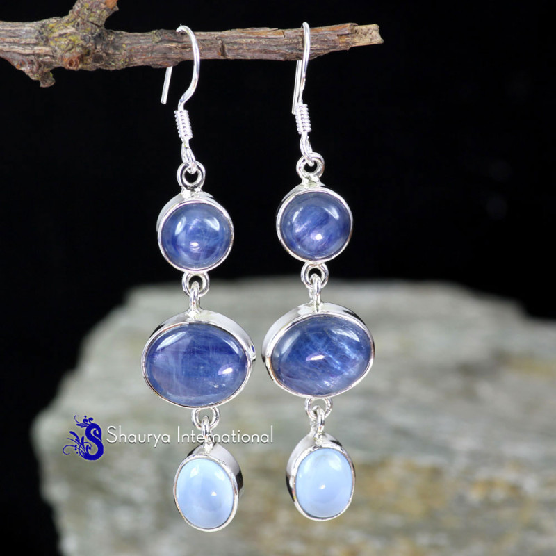 KYNITE & BLUE OPAL I - SPE907- FABULOUS DESIGNER THREE STONE PRETTY EARRINGS MADE IN 92