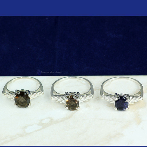 IOLITE & SMOKEY A - CMJ904- NATURAL GEMSTONE 3 PCS RINGS WHOLESALE LOT
