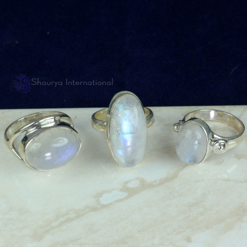 RAINBOW MOONSTONE E - CMJ904- NATURAL GEMSTONE 3 PCS RINGS WHOLESALE LOT