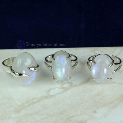 RAINBOW MOONSTONE F - CMJ904- NATURAL GEMSTONE 3 PCS RINGS WHOLESALE LOT