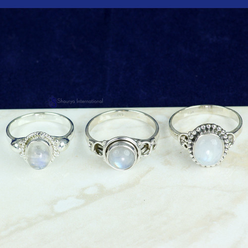 RAINBOW MOONSTONE G - CMJ904- NATURAL GEMSTONE 3 PCS RINGS WHOLESALE LOT
