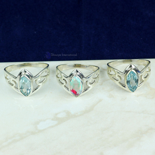 BLUE TOPAZ & RAINBOW MYSTIC H - CMJ904- NATURAL GEMSTONE 3 PCS RINGS WHOLESALE LOT