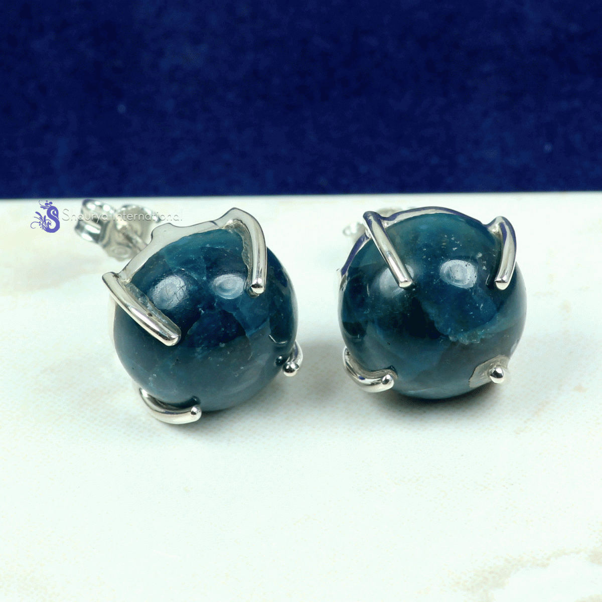 Neon Blue Apatite A - SSE891- BEAUTIFUL NATURAL GEMSTONE PRONG SETTING STUD EARRINGS W