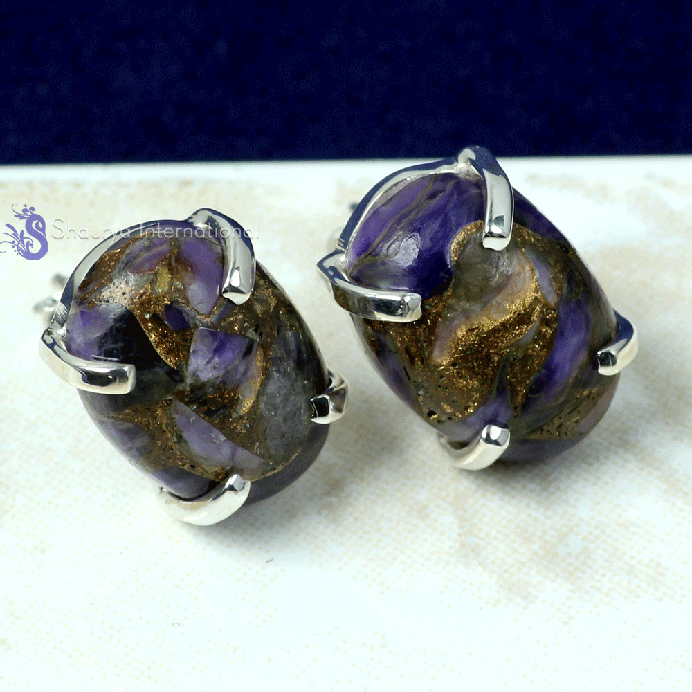 Mohave Copper Charoite B - SSE891- BEAUTIFUL NATURAL GEMSTONE PRONG SETTING STUD EARRINGS W Mohave Copper Charoite B - SSE891- BEAUTIFUL NATURAL GEMSTONE PRONG SETTING STUD EARRINGS W