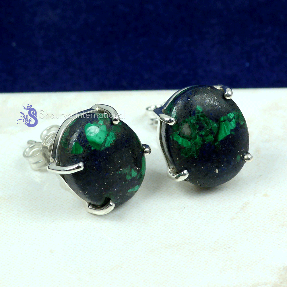 Malachite in Azurite F - SSE891- BEAUTIFUL NATURAL GEMSTONE PRONG SETTING STUD EARRINGS W Malachite in Azurite F - SSE891- BEAUTIFUL NATURAL GEMSTONE PRONG SETTING STUD EARRINGS W