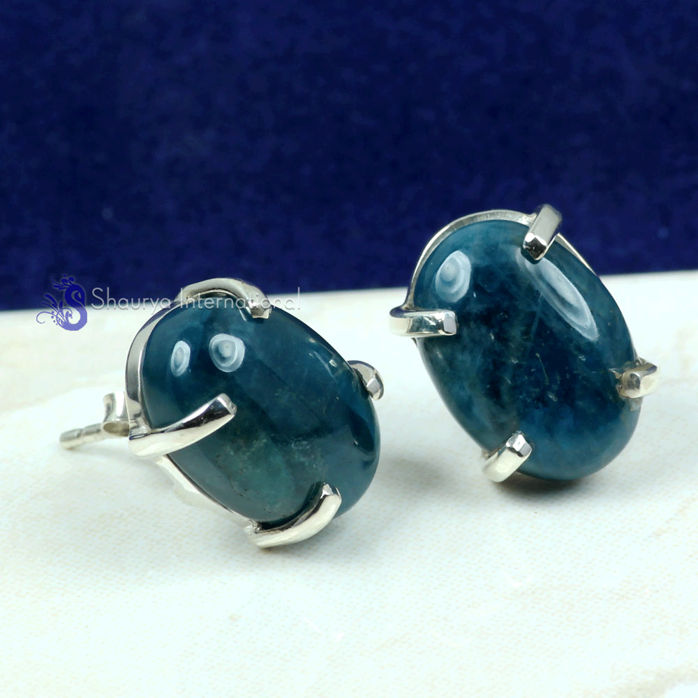 Neon Blue Apatite J - SSE891- BEAUTIFUL NATURAL GEMSTONE PRONG SETTING STUD EARRINGS W