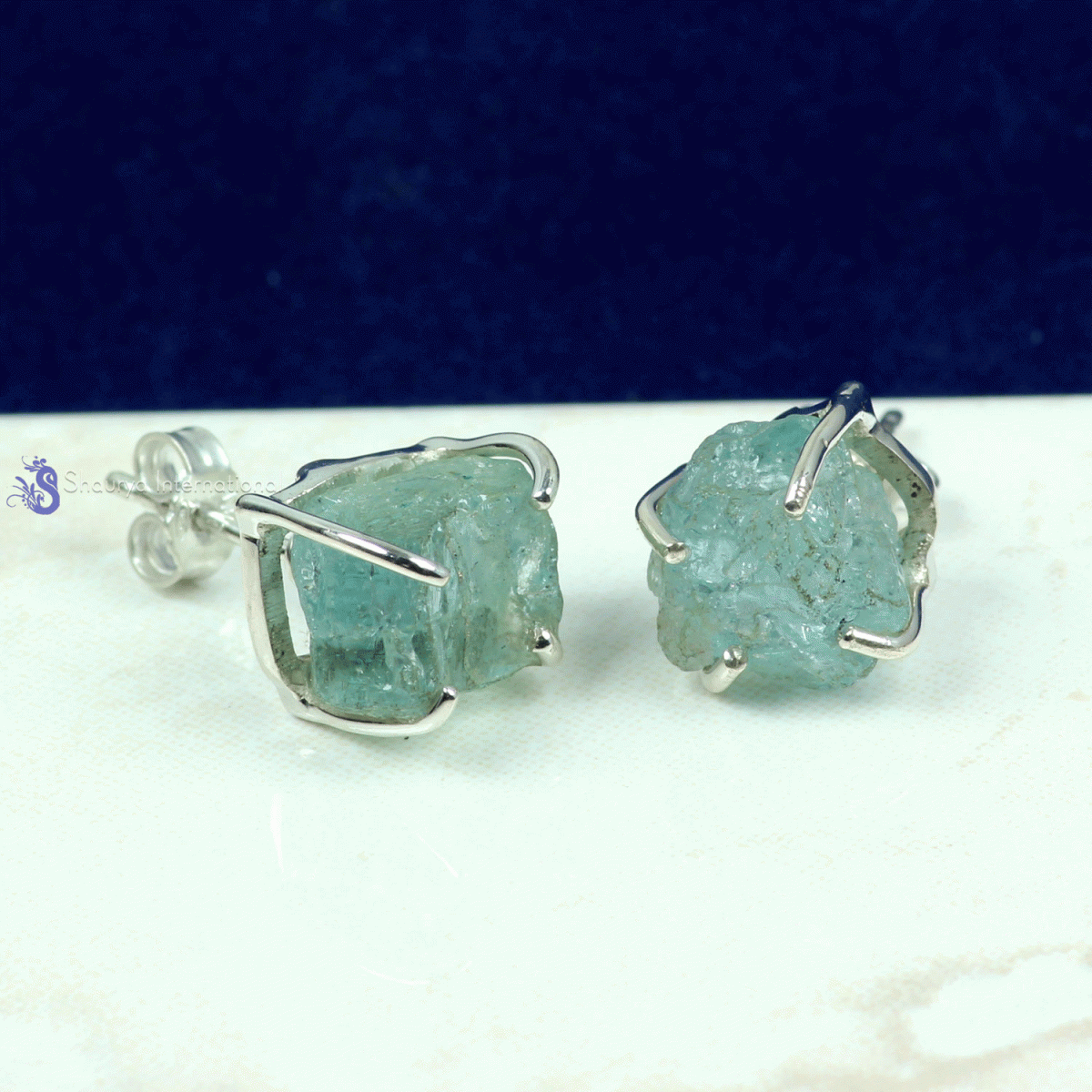 Aquamarine Rough C - SSE889- NATURAL DRUZY & ROUGH GEMSTONE PRONG & PLAIN SETTING EAR