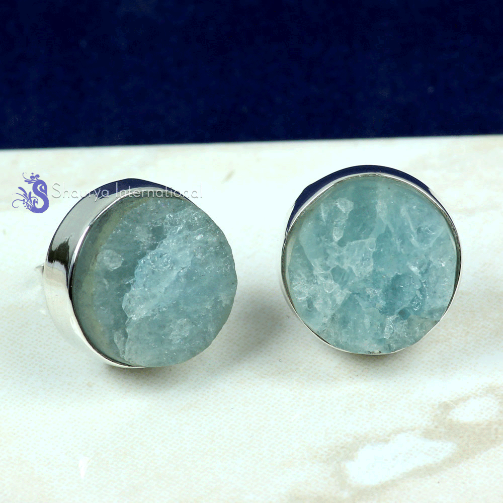 Aquamarine Druzy H - SSE889- NATURAL DRUZY & ROUGH GEMSTONE PRONG & PLAIN SETTING EAR